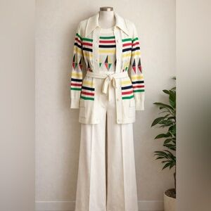 Vintage 70s Italian 3pc Wool Knit Set Crissa Linea Belted Cardigan & Shell Sz 8